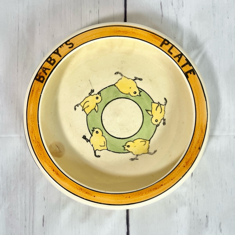 Antique Roseville Pottery Baby Plate Vintage Juvenile Creamware 5 Chicks 8"